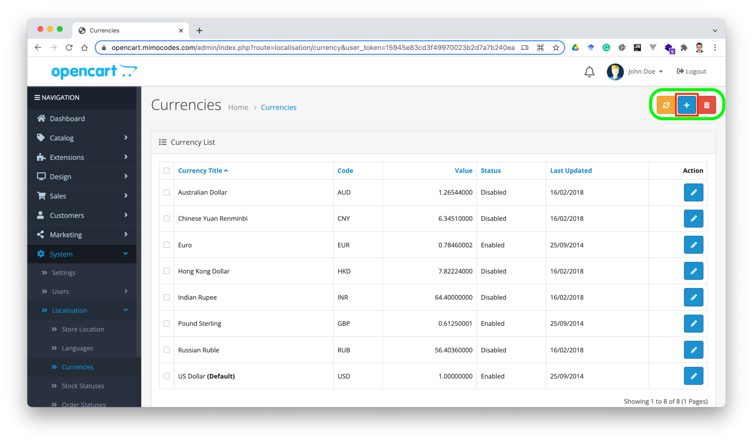 Opencart add currency