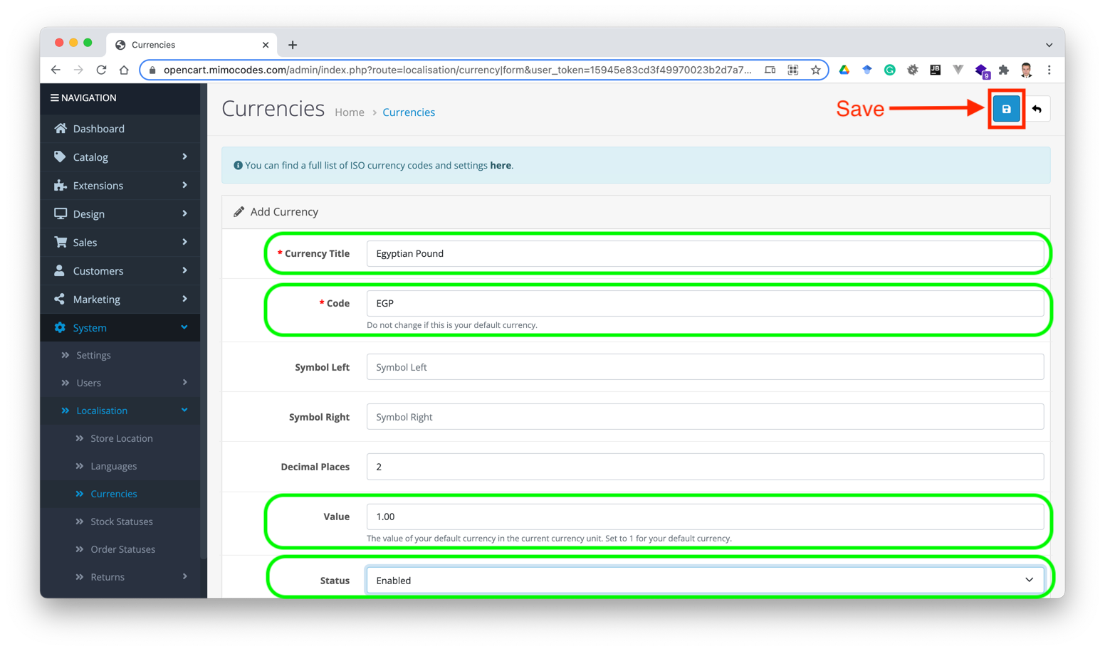 Opencart currency configuration