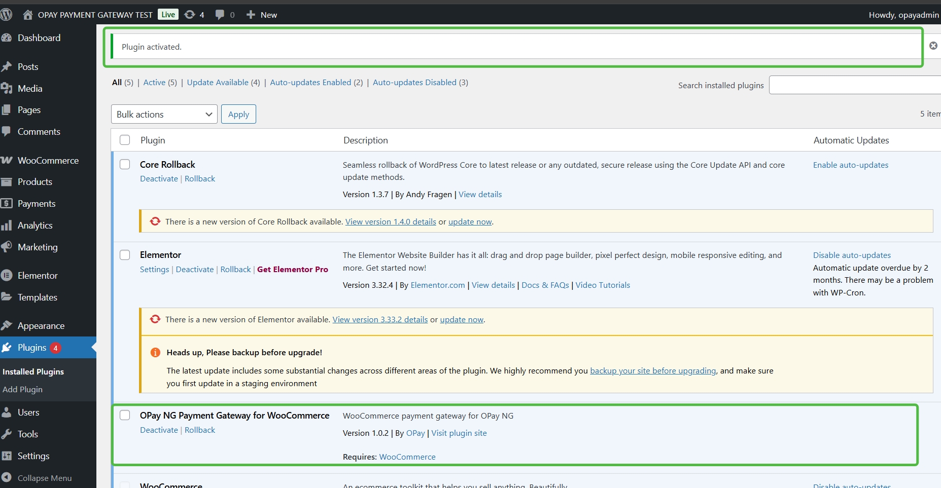 wordpress activate plugin click to activate screenshot